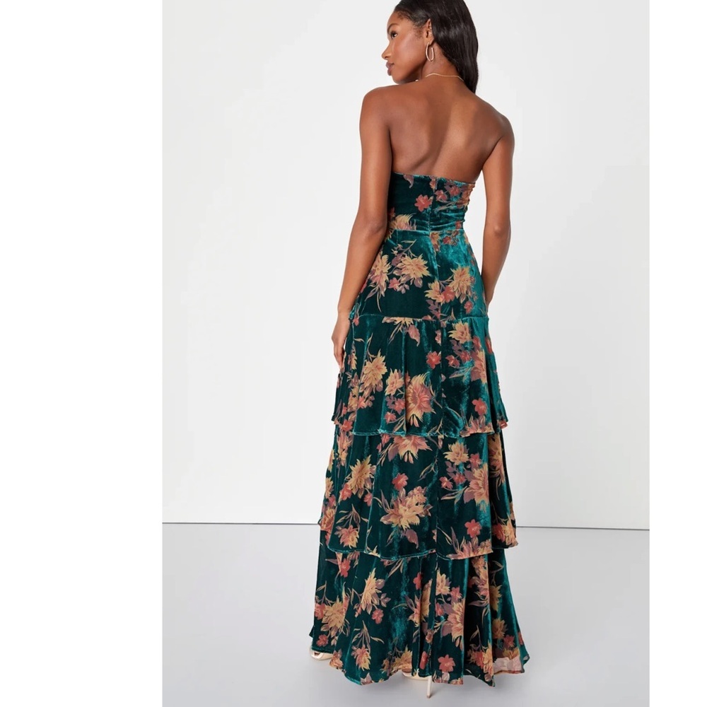 Lulu's Real Allure Floral Burnout Velvet Strapless Maxi Dress in Emerald Med. - Picture 8 of 10